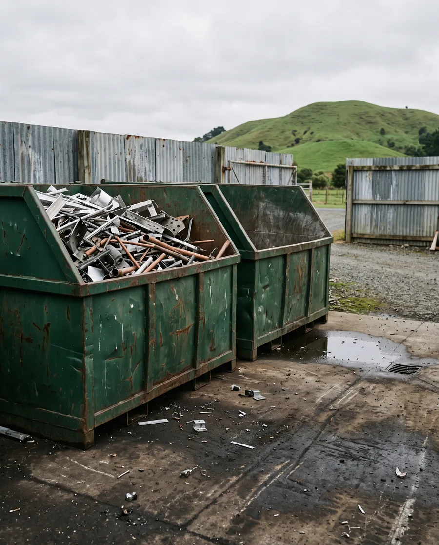 Valley Metals scrap bins at the Te Aroha yard