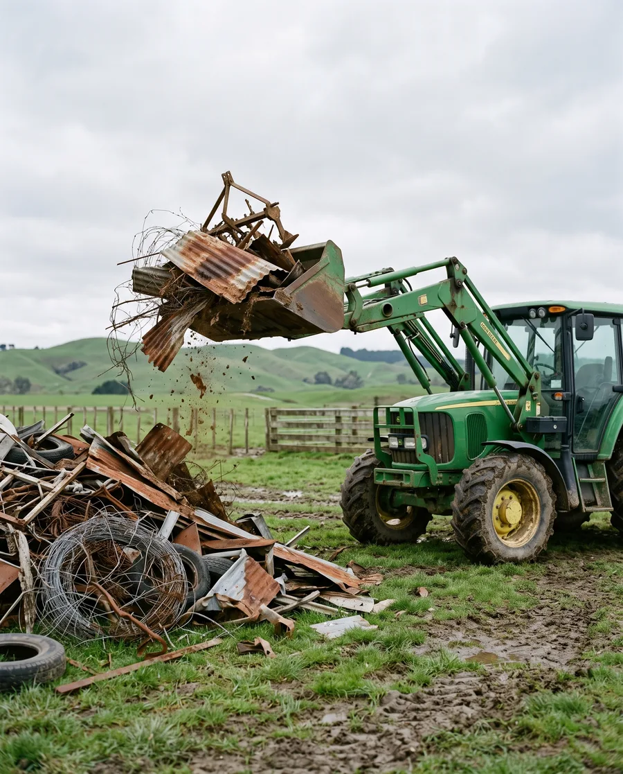 Tractor loading mixed scrap metal during a farm clean-up in the Waikato