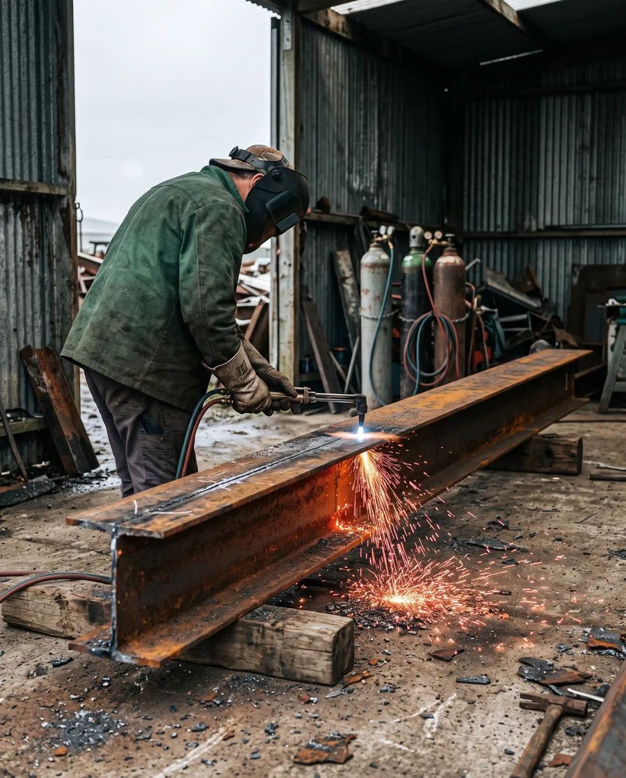 Gas cutting a heavy steel beam with sparks