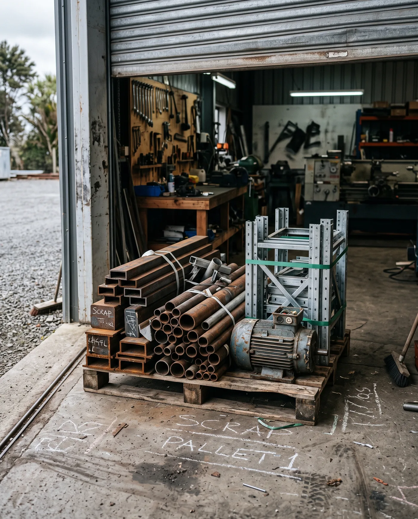 Mixed ferrous and non-ferrous workshop scrap ready for recycling