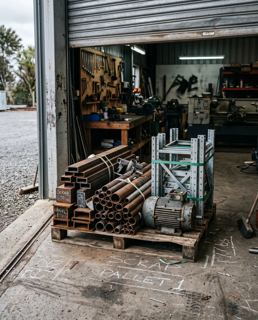 Workshop steel and machinery prepared for collection
